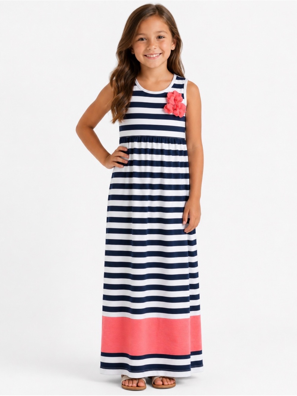 GAP Navy & White Striped Maxi Dress with Coral Flower